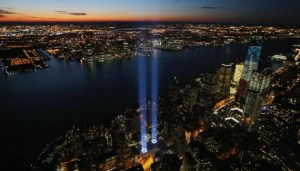 The "Tribute in Light" marks where the World Trade Center buildings stood to commemorate the 11th anniversary of the September 11 terrorist attacks on Tuesday, September 11. Getty Images.